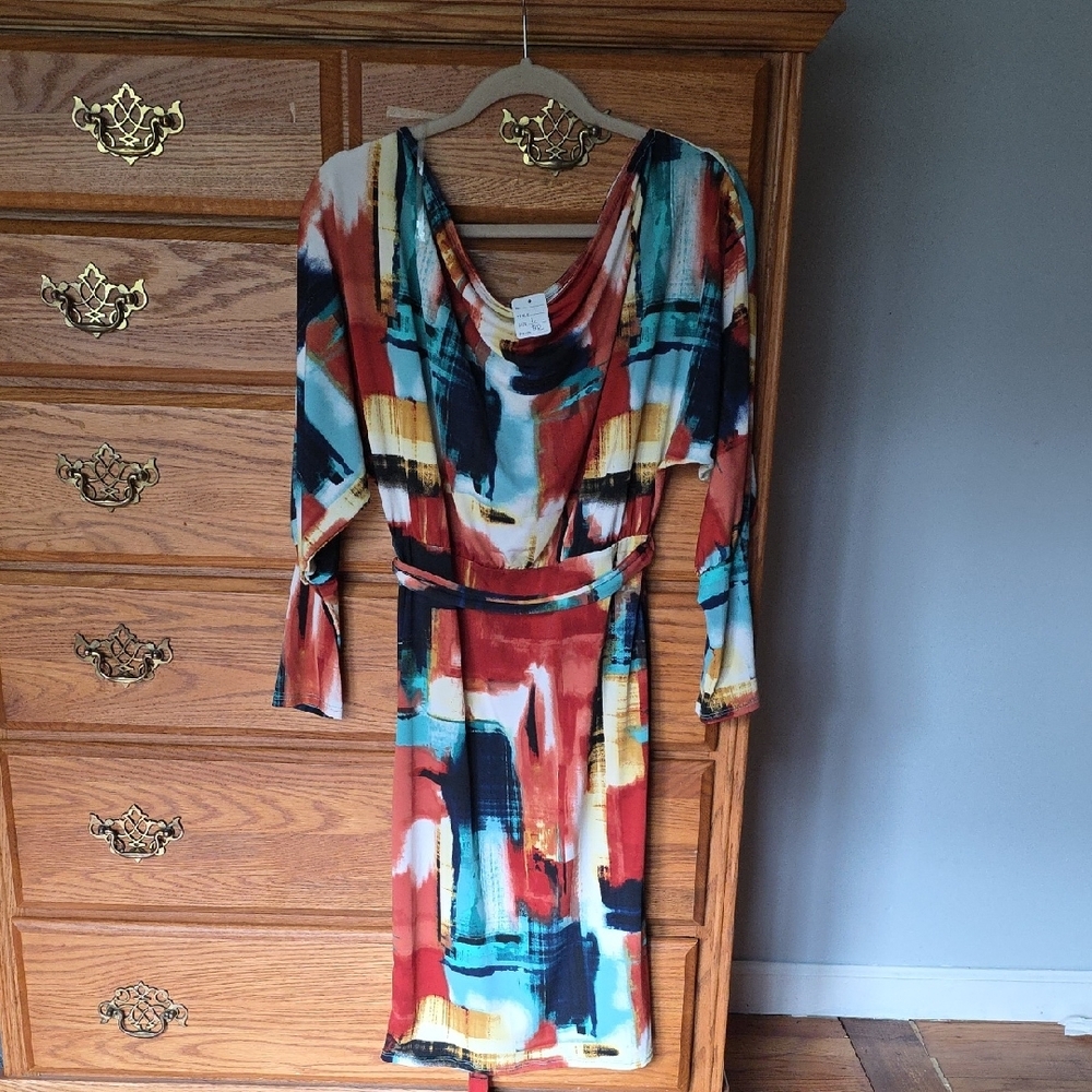 Blue and Orange Sheath Dress with Cowl Neck and Bishop Sleeves